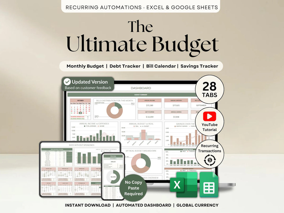 Track spending, pay off debt, and grow your savings with one simple budgeting system built for Excel & Google Sheets.