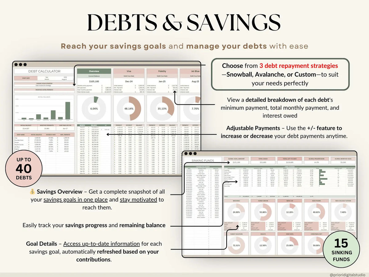 Track spending, pay off debt, and grow your savings with one simple budgeting system built for Excel & Google Sheets.