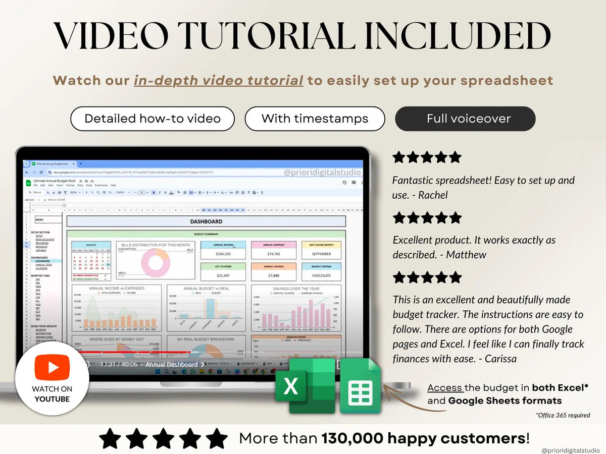 Track spending, pay off debt, and grow your savings with one simple budgeting system built for Excel & Google Sheets.